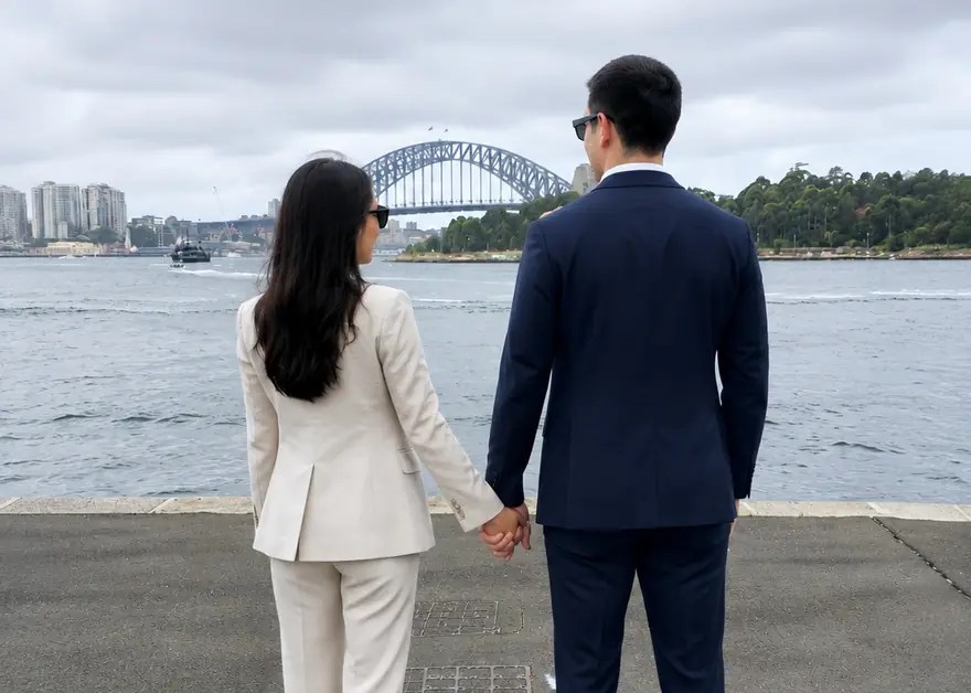 A couple in business attire standing side by side, holding hands, looking out over Sydney Harbour towards the Harbour Bridge